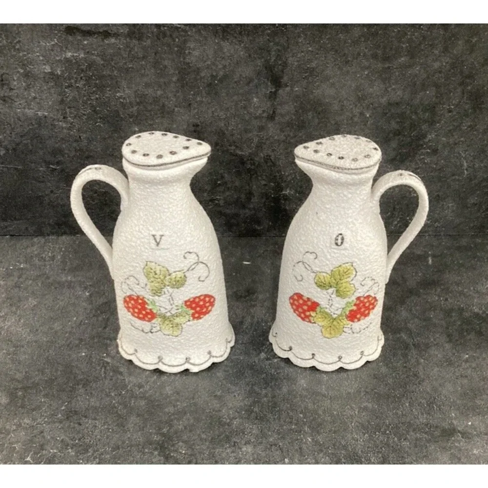 Textured Finish Ceramic Oil & Vinegar Cruet Set Strawberry Motif Vtg White MCM